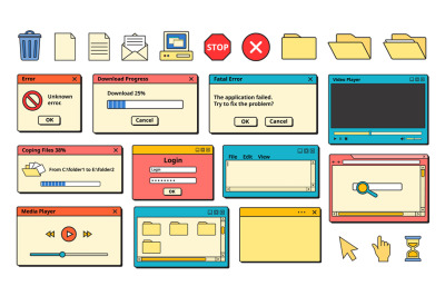 Nostalgic 90s Ui. Retro error messages, old computer icons and app win