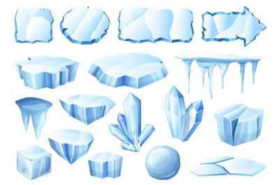 Cartoon ice. Glacier crystals, ice pieces and cold iced frames vector