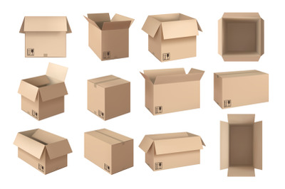 Realistic brown box. Postal packaging open boxes&2C; shipping cardboard c