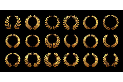 Golden 3D laurel wreath. Gold wheat ornamental borders, round heraldic