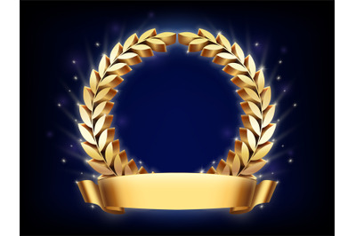 Golden laurel wreath frame. Honoring template with gold circle branch,