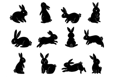 Black rabbit silhouette. Sitting bunny&2C; cute jumping rabbits and conto