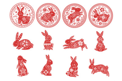 Zodiac rabbit. Chinese lunar new year animal with flowers ornaments&2C; a