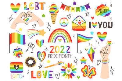 Pride LGBT symbols. Pride month, love signs and rainbow flags. LGBTQ p