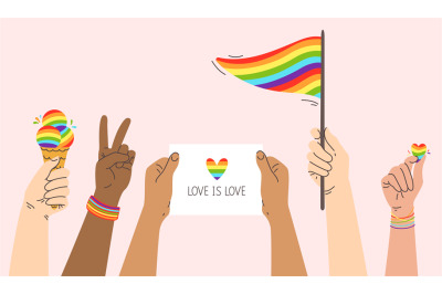 Pride hands. LGBT parade, people hold in hand rainbow flag, poster and