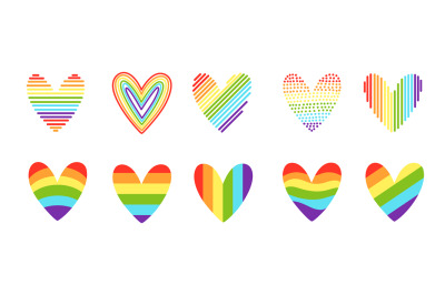 Pride hearts. LGBT heart icon, rainbow color love symbol vector set