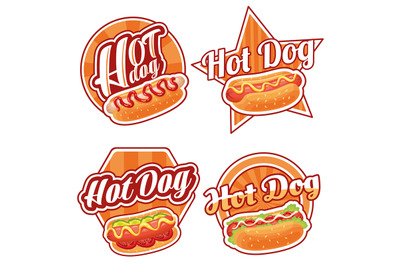 Hotdog label. Street food sign with hot dog in sesame seeds bun, fast