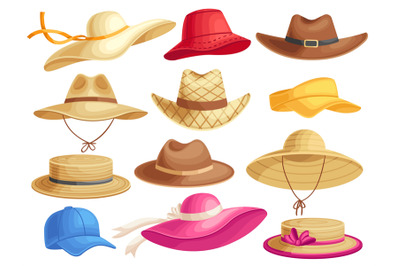 Summer hats. Stylish headgears for male and female, cowboy hat and acc