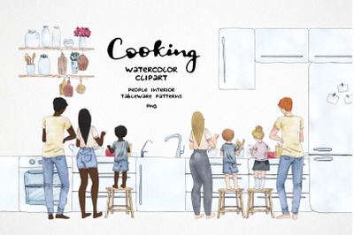 watercolor family baking clipart, cooking at home kitchen people