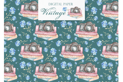 Vintage camera digital paper. Photo camera, book seamless pattern.