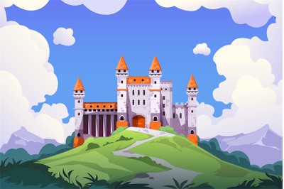 Medieval castle landscape. Cartoon medieval chateau with towers and st