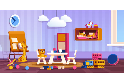 Kindergarten room. Cartoon cute playroom with colorful toys, preschool