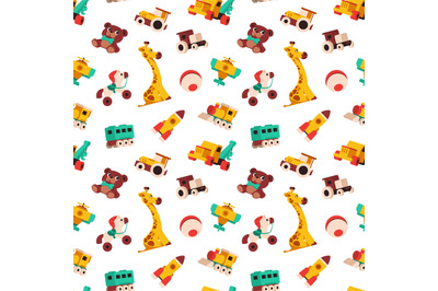 Cartoon toys pattern. Seamless print with kid colorful toys, cute baby