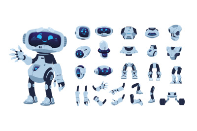 Robot animation set. Cartoon android character with artificial intelli