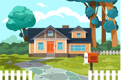 Suburban cottage. Cartoon country house exterior, neighborhood home wi