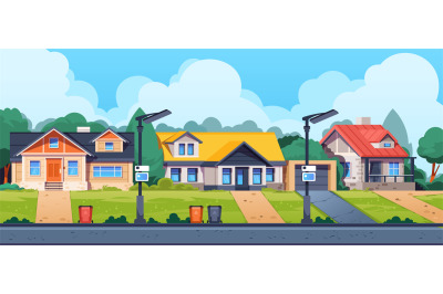 Country houses street. Cartoon suburban cottage building exterior, cou