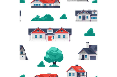 Cottage house pattern. Cartoon country building seamless print with to