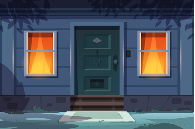 Night house front. Cartoon country house exterior with door porch wind