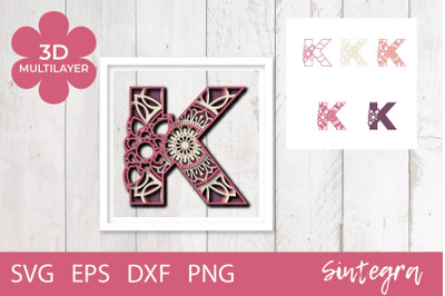 3D Floral Letter K Mandala Multilayer SVG Cut File