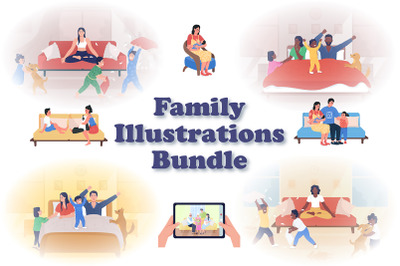 Family flat color vector illustrations bundle