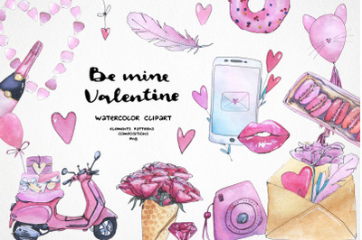 valentines day clipart png, watercolor pink romantic illustrations