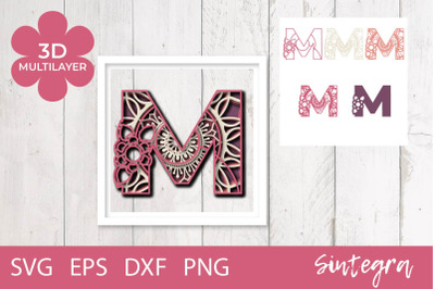 3D Floral Letter M Mandala Multilayer SVG Cut File