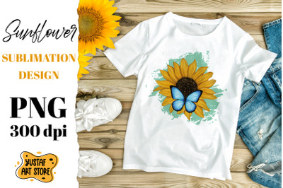 Watercolor Sunflower and blue butterfly sublimation design