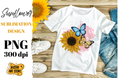 Sunflower and butterflies sublimation design an pink background