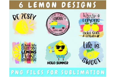 Lemon Sublimation Designs Bundle, 6 Lemon Quotes PNG Files