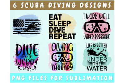 Scuba Diving Sublimation Designs Bundle, 6 Diving Quotes PNG Files