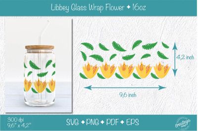 Libbey glass wrap Bundle with Groovy Yellow Flowers and Leaves. 16 oz