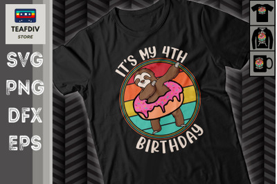 4th Birthday Sloth Donut Retro Vintage