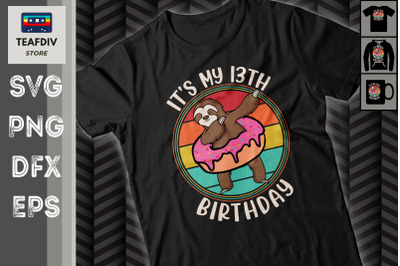 13th Birthday Sloth Donut Retro Vintage