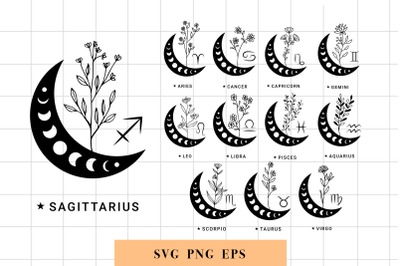 Zodiac signs svg bundle, Crescent moon with wildflowers svg