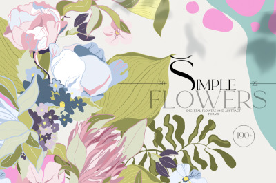 Pastel digital flowers Abstact shapes clipart Png
