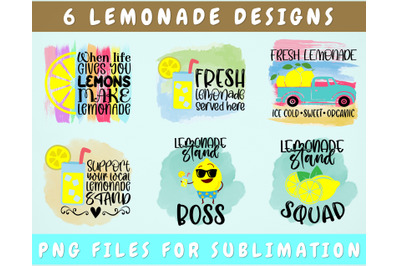 Lemonade Stand Sublimation Designs Bundle, 6 Lemonade Quotes PNG Files