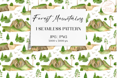 Watercolor Forest Mountains Seamless Pattern. Woodland Landscape