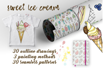 Sweet ice cream, vector set and seamless patterns