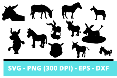 12 Donkey Silhouettes and Cut Files