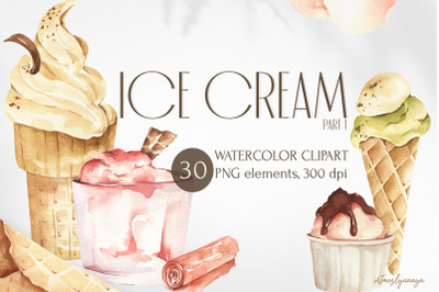 Watercolor ice cream clipart. Ice cream waffle cone, ice cream scoops.