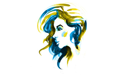 Watercolor beautiful Ukrainian girl. Blue and Yellow flag