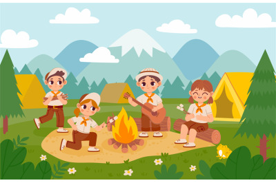 Scout kids by bonfire. Cartoon boys and girls in summer camp with tent