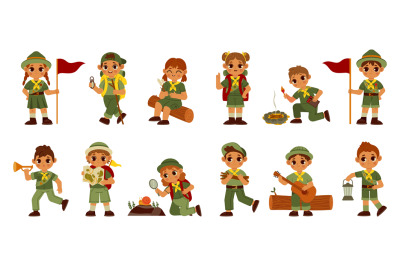 Scout kids. Cute cartoon boys and girls in scout uniform for summer ca