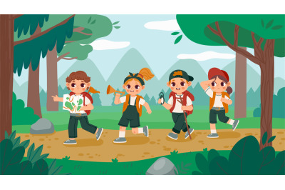 Kids on a hike. Cartoon kids walking in wood&2C; summer journey and adven