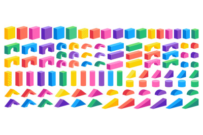 Isometric block constructor. Cartoon colorful building puzzle for chil