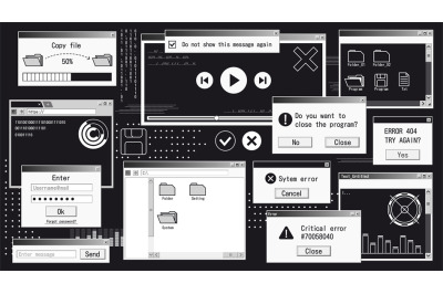 Retro futuristic system. Computer interface with web browser, file man