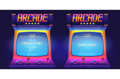 Arcade game screen. 80s retro start play and game over interface scree