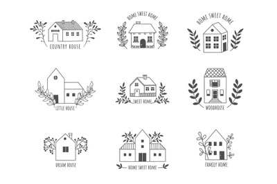 Doodle house logo. Cute hand drawn rural farm and country cottage with