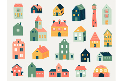 Doodle colored houses. Abstract hand drawn line cottage houses and rur