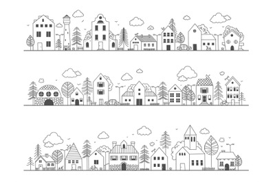 Doodle town street. Cute rural buildings with trees, hand drawn countr